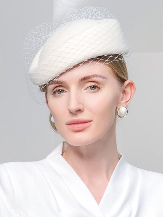 Women\'s Elegant Church Fedoras Wool Felt Vintage Beret Wedding Veil Cap White